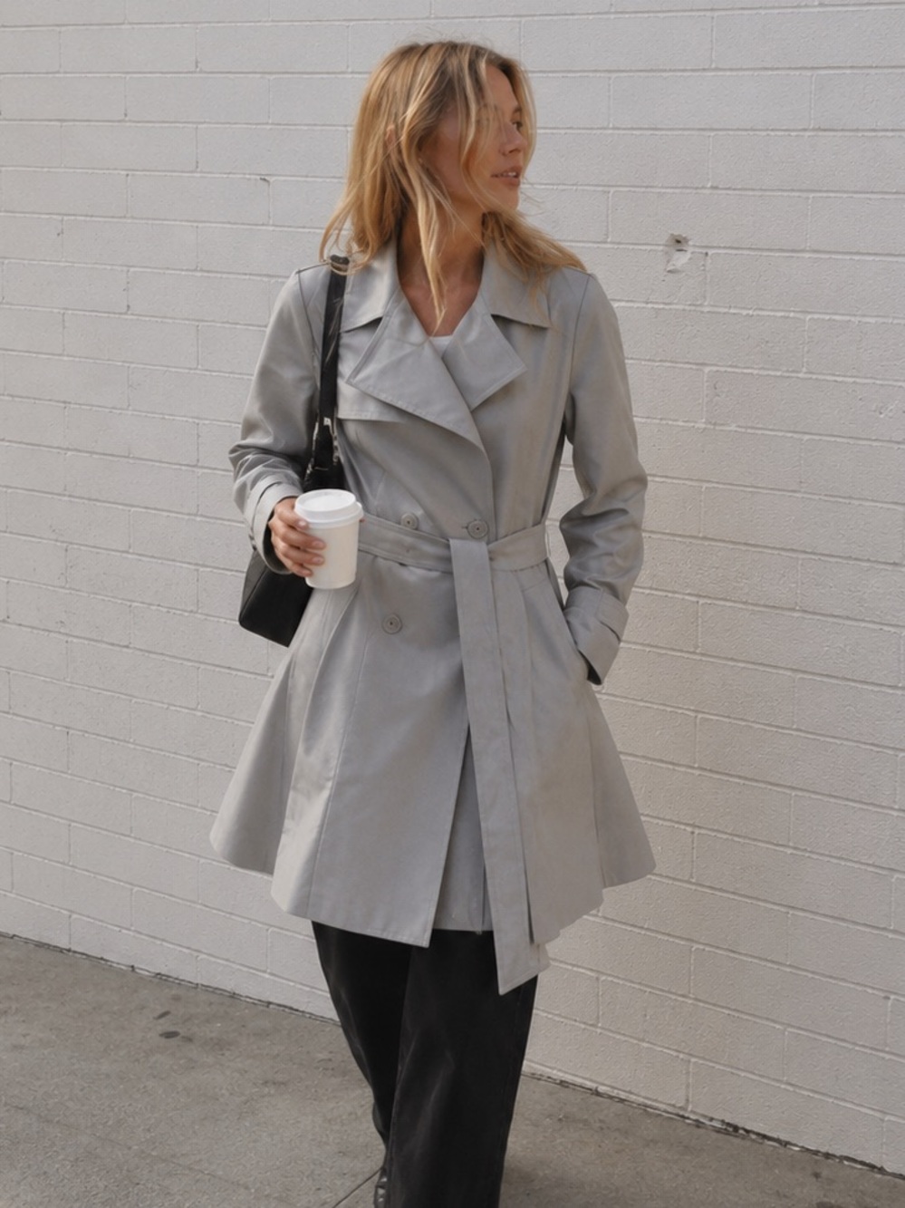 Trina Turk Light Gray Double-Breasted Trench Coat with Belt
